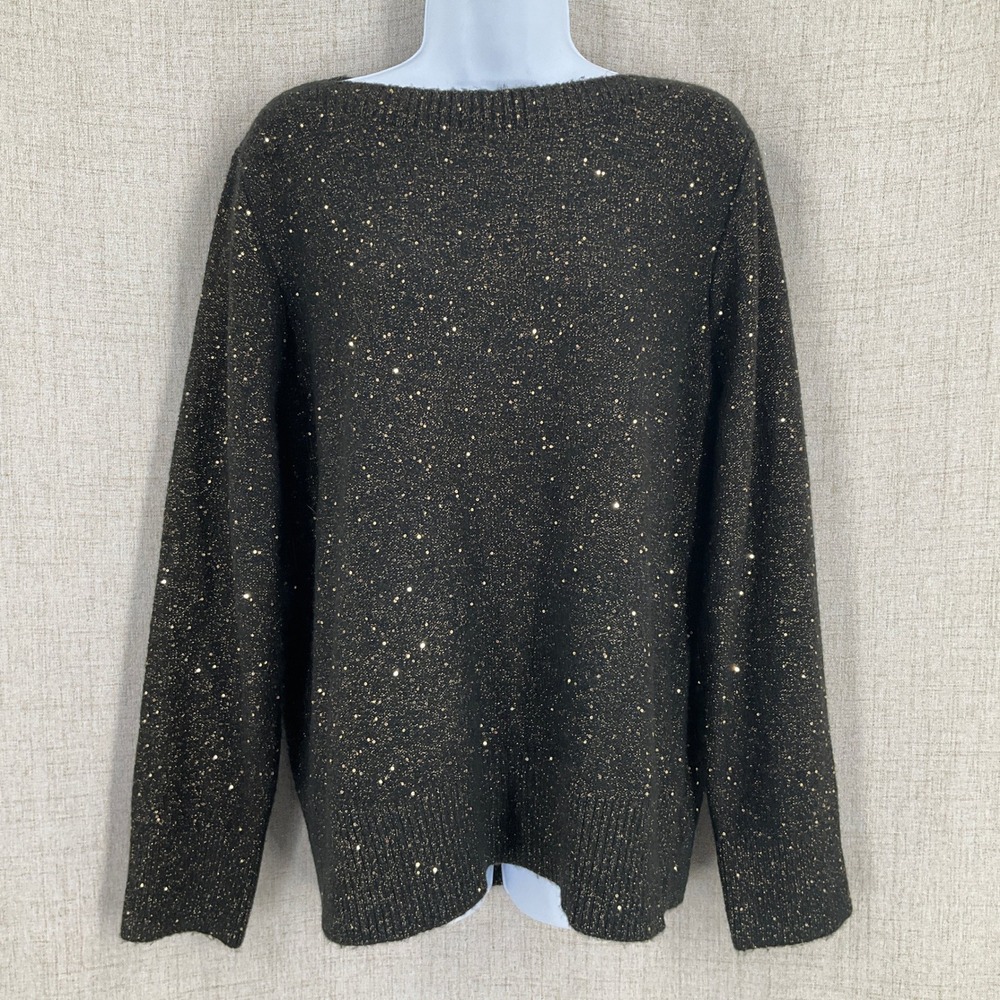 LOFT Sweater Women XL Black Gold Metallic Sequin Boat Neck Long Sleeve Classic
